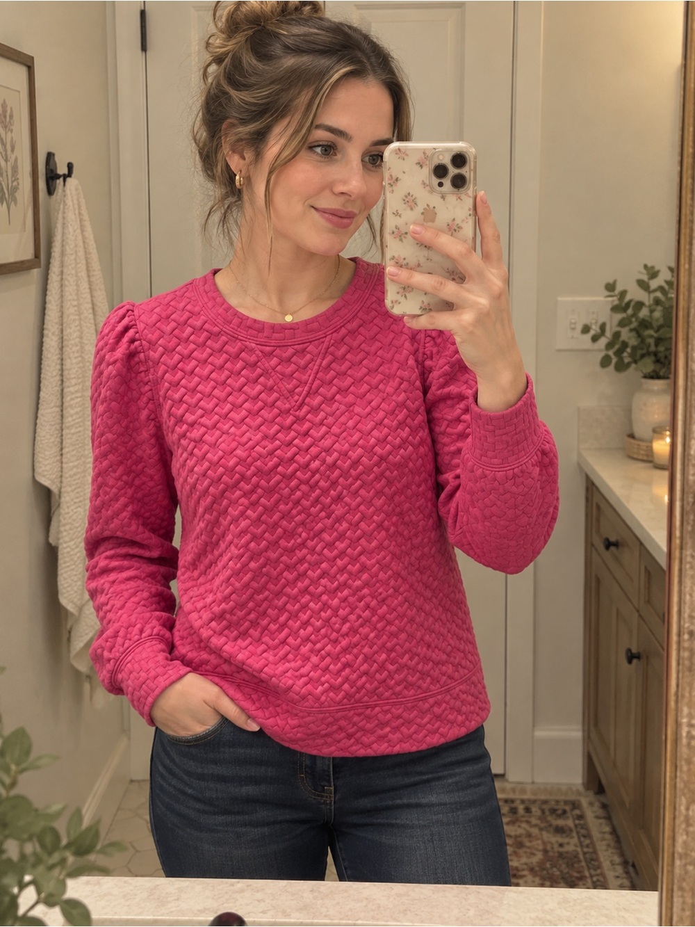 Fate Women's quilted Puff-Sleeve Crewneck Sweater - Hot Pink medium